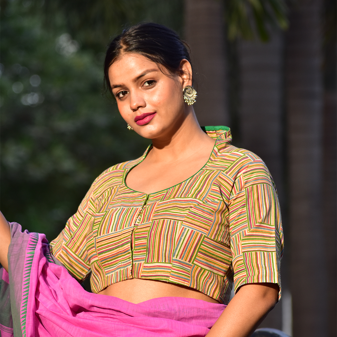 Block Printed Cotton  Striped Highneck Blouse,  Olive Green,  BP1181