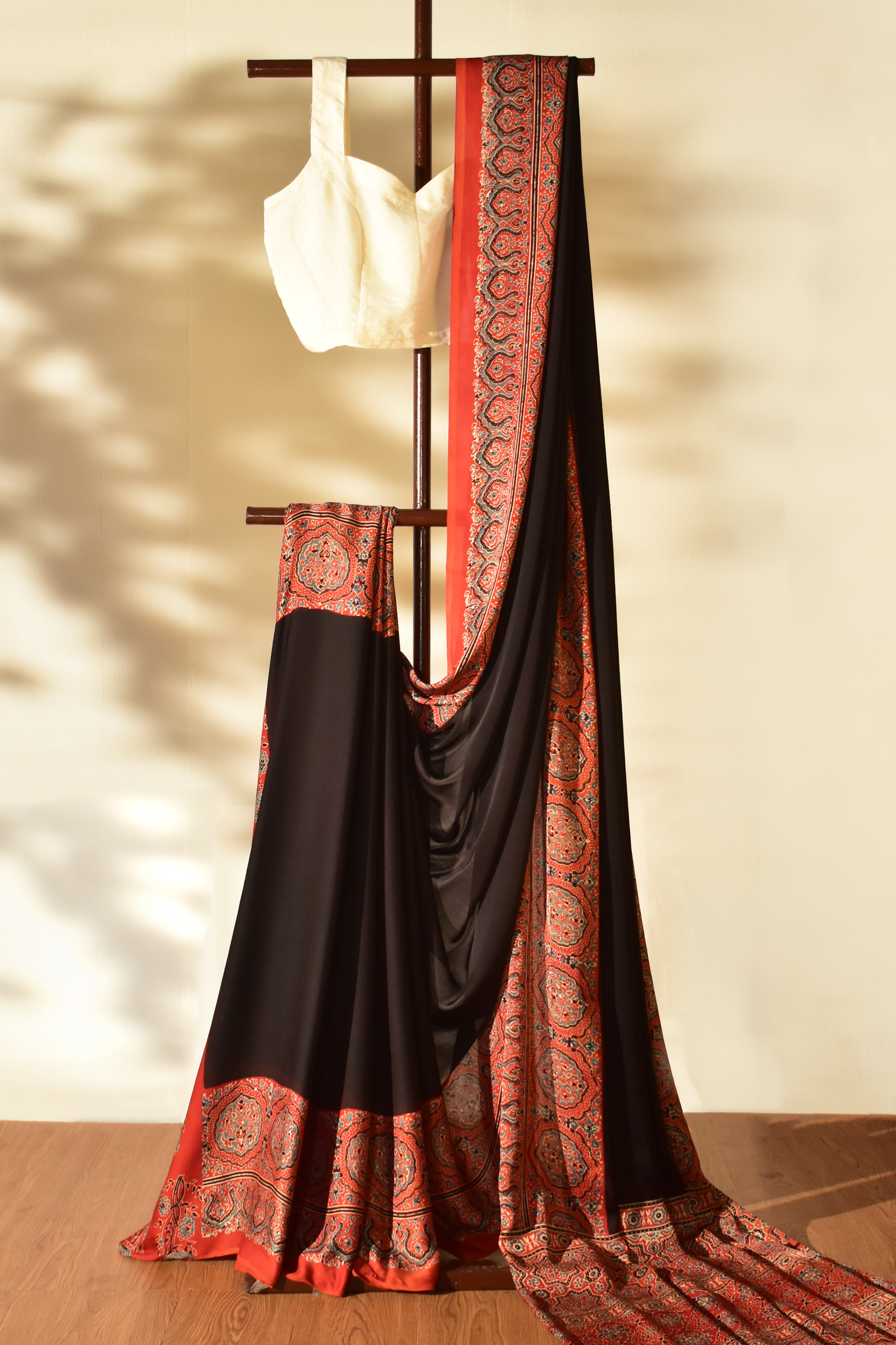 Somber Black & Ruby Red Modal Silk Saree with Plain body, Ajrakh border Pallu & Blouse Piece, SS1020