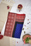 Modal Silk Bandhani-Ajrakh Saree with Blouse Piece,Blue-Red,SS1001