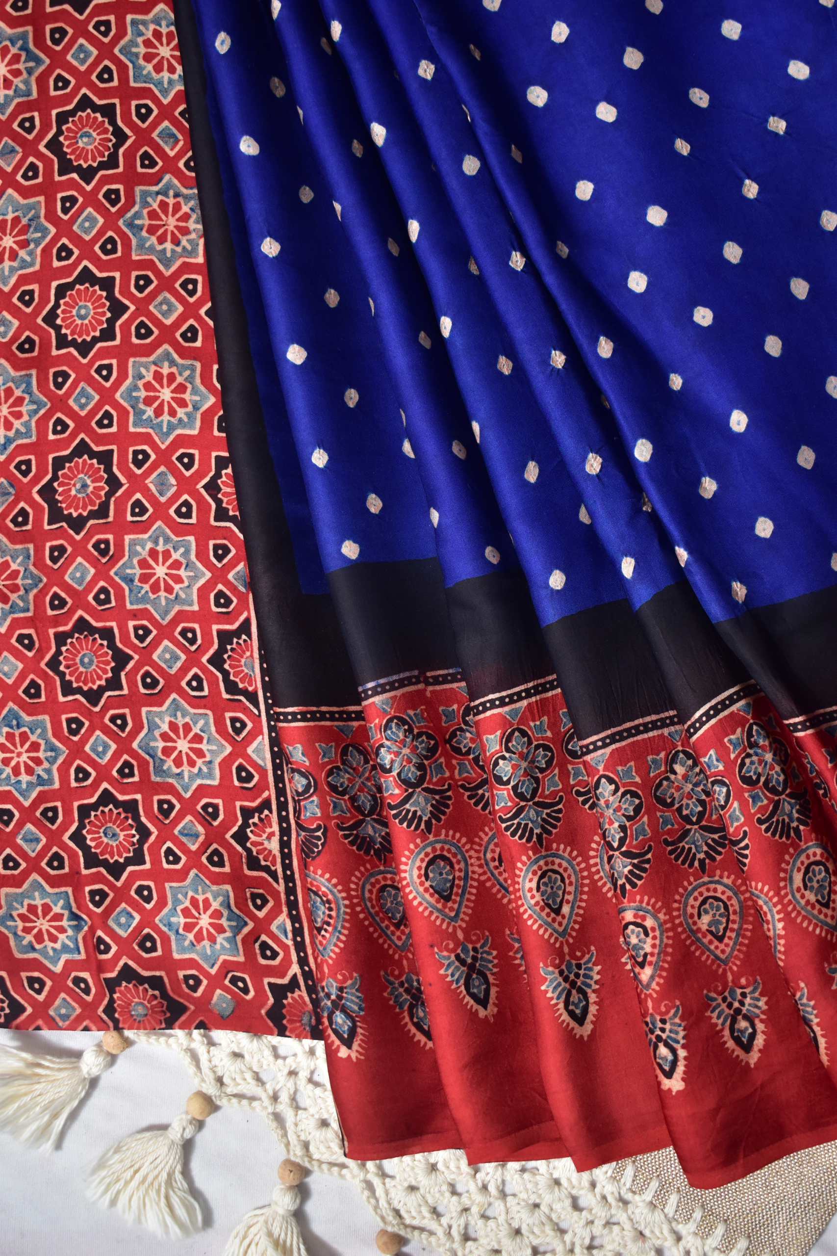 Modal Silk Bandhani-Ajrakh Saree with Blouse Piece,Blue-Red,SS1001