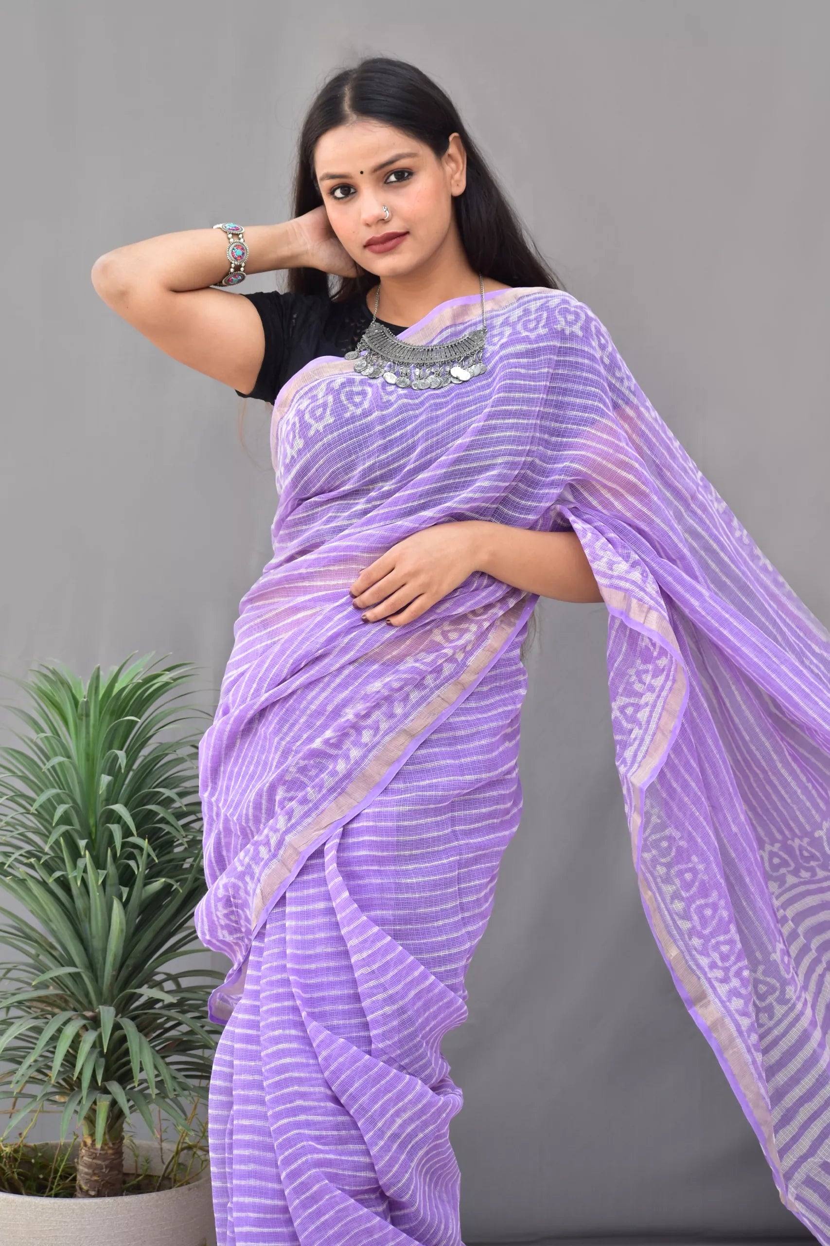 Pure Cotton Kota Doria Block Printed Saree with Zari Border,  Lavender, SR1031