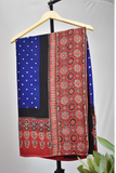 Modal Silk Bandhani-Ajrakh Saree with Blouse Piece,Blue-Red,SS1001