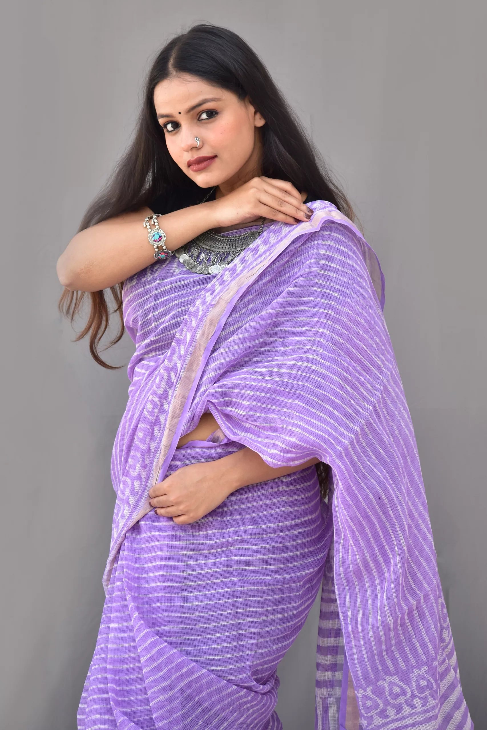 Pure Cotton Kota Doria Block Printed Saree with Zari Border,  Lavender, SR1031