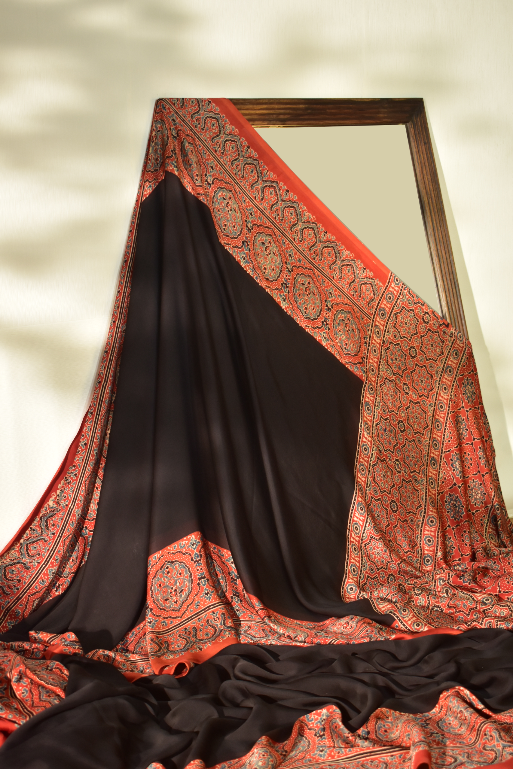 Somber Black & Ruby Red Modal Silk Saree with Plain body, Ajrakh border Pallu & Blouse Piece, SS1020