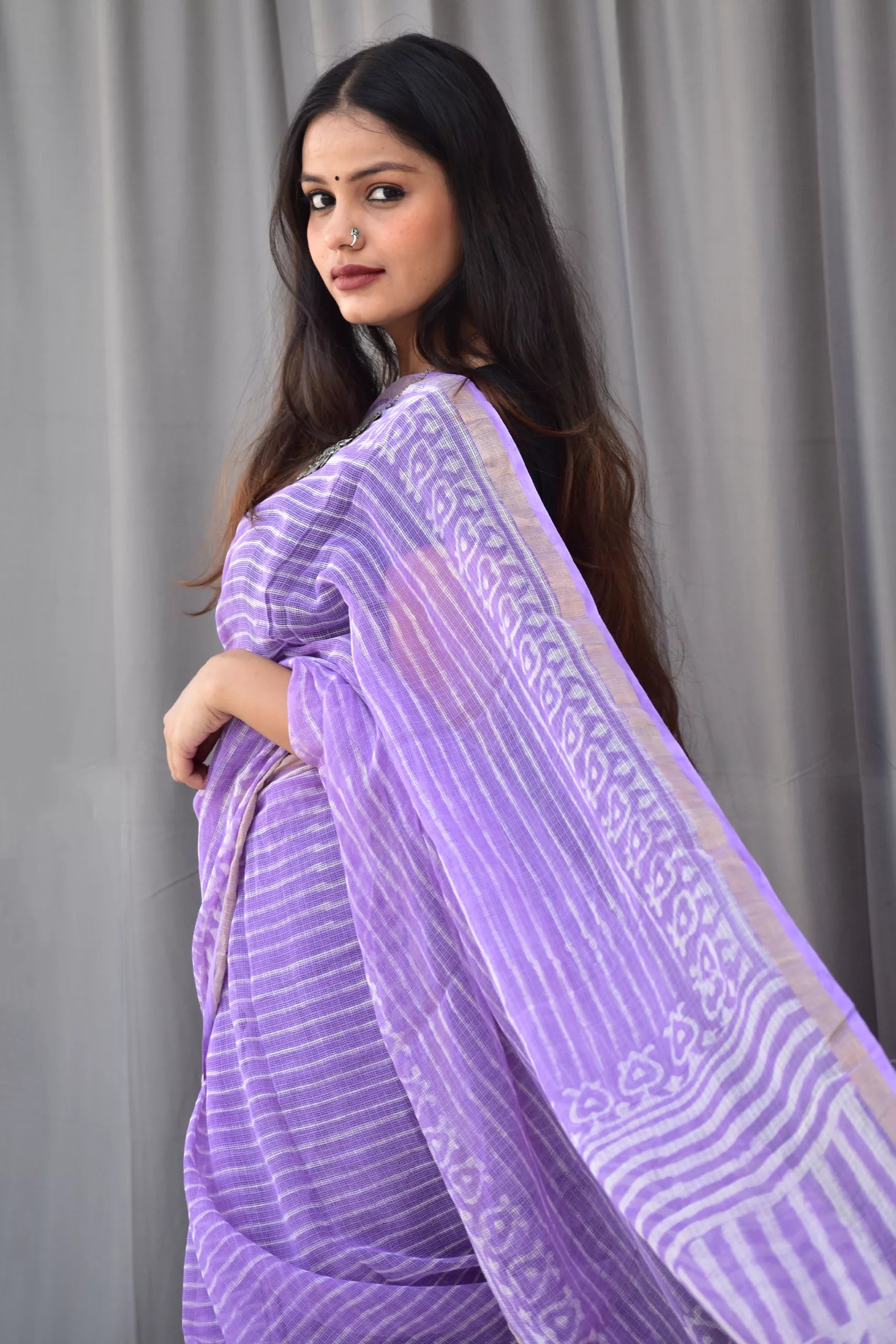 Pure Cotton Kota Doria Block Printed Saree with Zari Border,  Lavender, SR1031