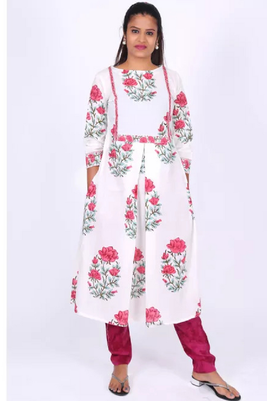 Jaipur Printed Boatneck Pleated Kurta, White, KP1044