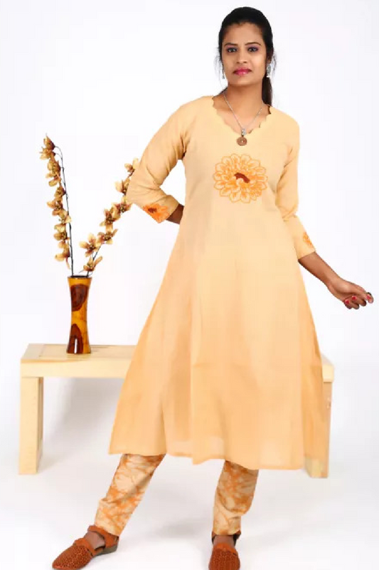 Hand Embroidered Handloom Cotton Scallopneck Anarkali Panelled Kurta , Beige, KW1032