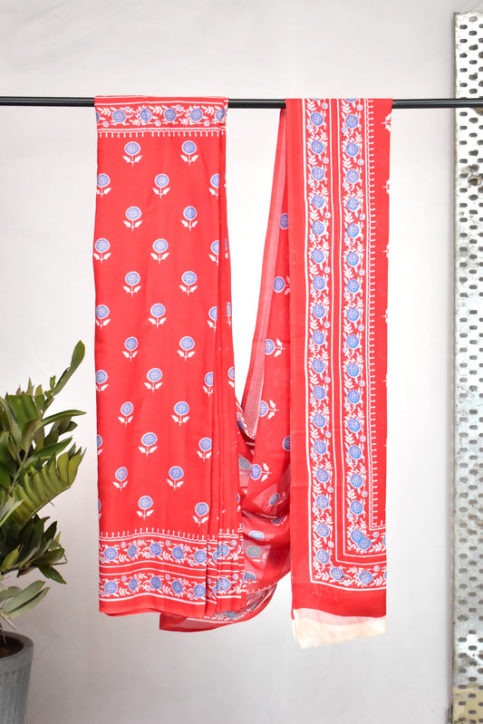 Block Printed Mul Cotton Saree,  Red,  SR1043