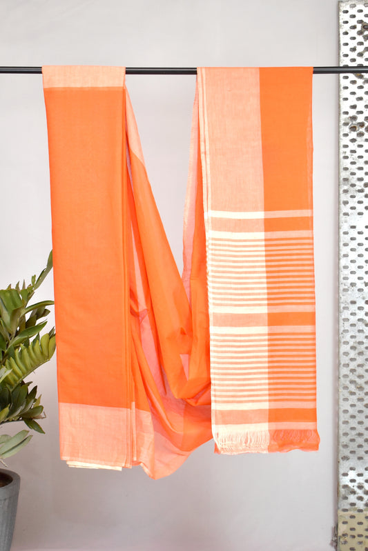 Pure Handloom Mangalgiri Cotton Saree with Contrast Border,  Orange,  SR1041