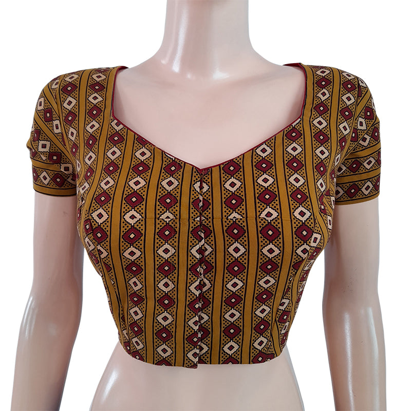 Ajrakh Cotton  Sweetheart neck Blouse, Mustard,  BA1103