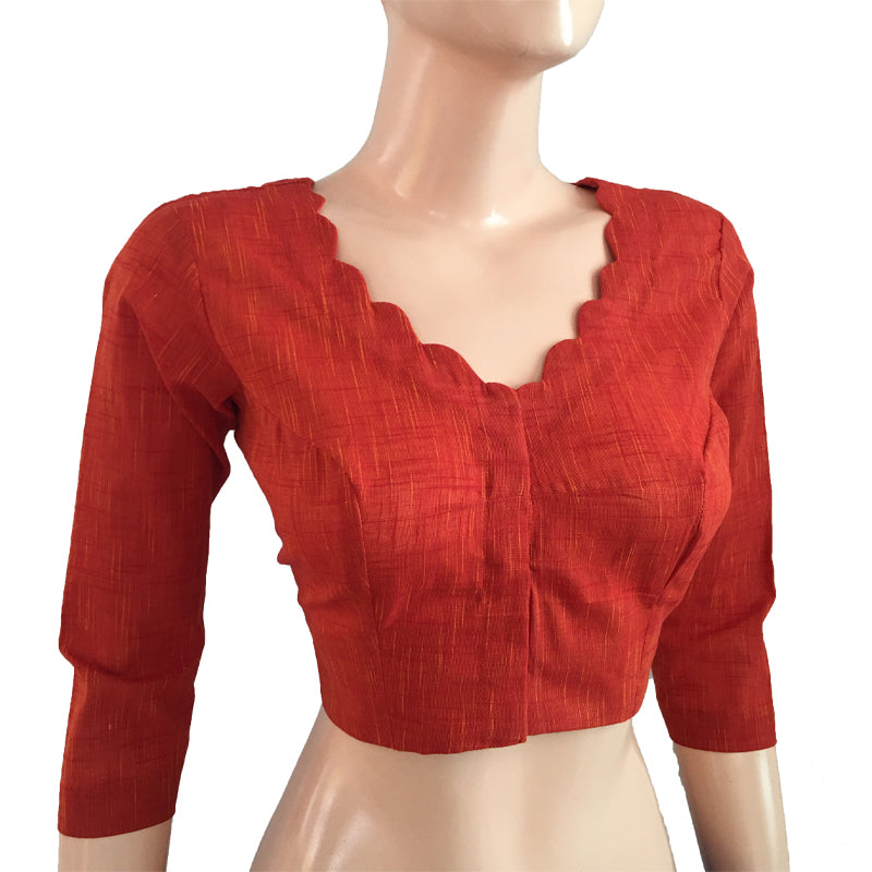 Slub Cotton Scallopneck Blouse, Rust, BH1166