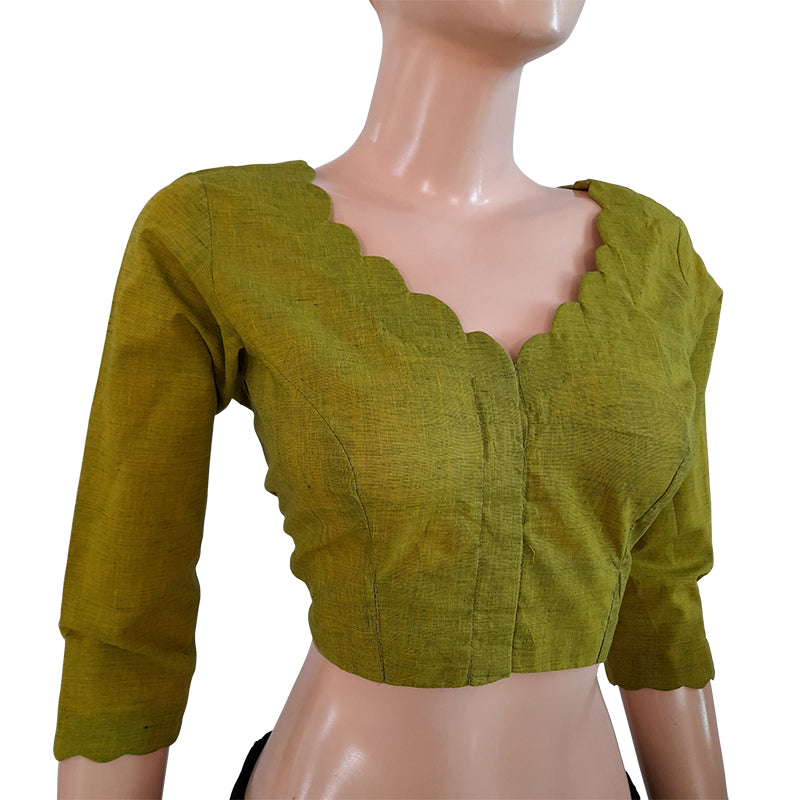 Slub Cotton Scallop V neck Blouse with Lining , Light Green, BH1205