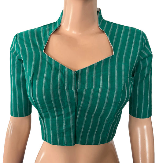 Woven Slub  Cotton Striped Highneck Blouse with Lining,  Teal Green,  BH1223