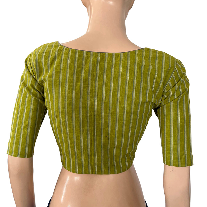 Woven Slub  Cotton Striped Square neck Blouse with Lining,  Olive Green,  BH1225