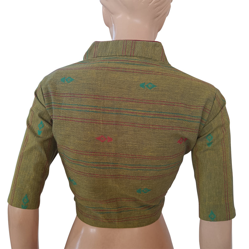 Handloom Jacquard Highneck Blouse with Lining,  Olive Green,  BH1227