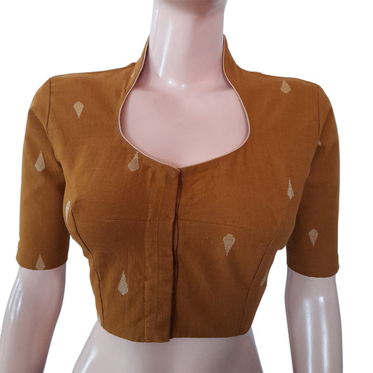 Handloom Jacquard Highneck Blouse with Lining,  Mustard -  Brown,  BH1228