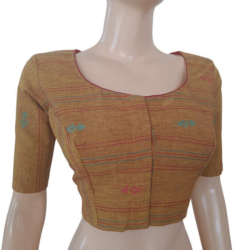 Handloom Jacquard Roundneck Blouse with Tear Drop Cut & Lining,  Mustard -  Yellow,  BH1229