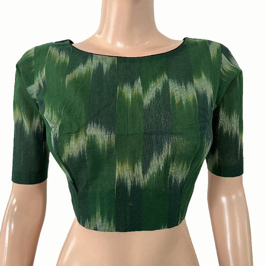 Mangalgiri  Tie-dye Cotton Boat neck Blouse,  Backopen, Green,  BH1241