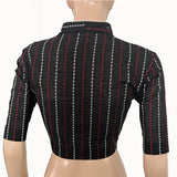 Handloom Jacquard Cotton Striped High neck Blouse,  Black,  BH1243