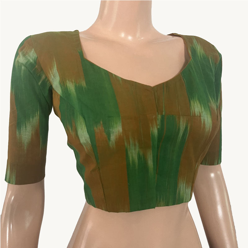 Mangalgiri  Tie - dye  Cotton Sweetheart neck Blouse,  Green - Brown,   BH1250