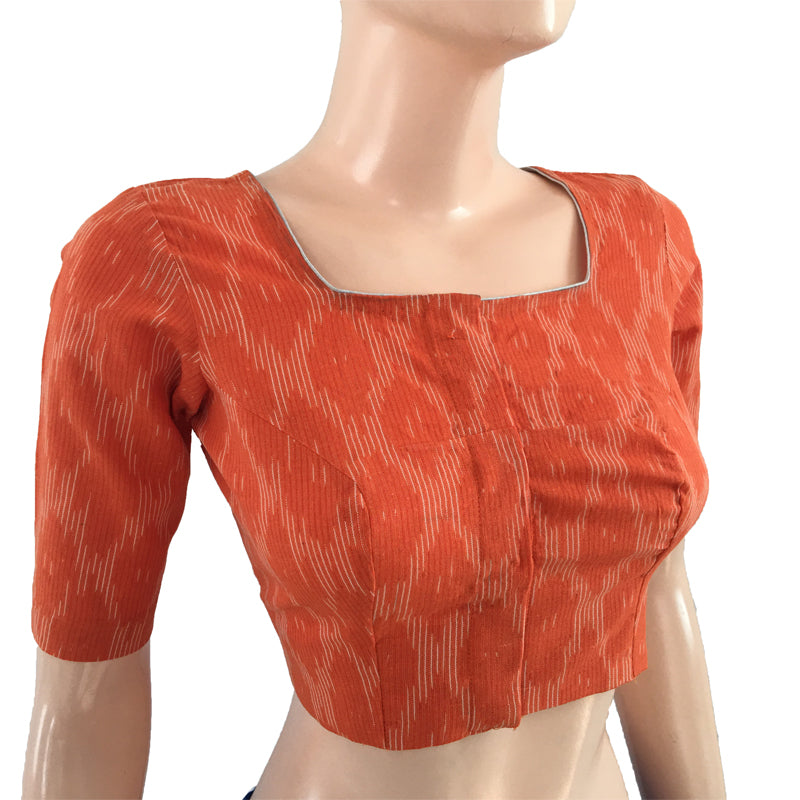 Ikat Cotton Square neck Blouse, Orange, BI1105