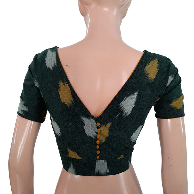 Ikat Cotton Boatneck Blouse with Potli Button Details, Bottle Green, BI1132