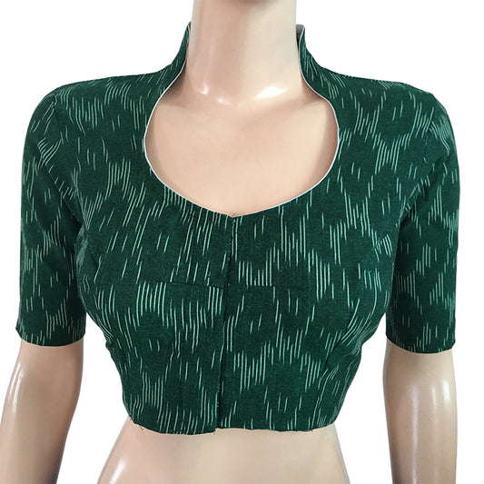 Ikat Cotton Highneck Blouse, Bottle Green, BI1135