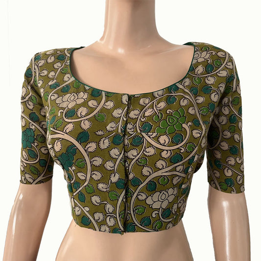 Kalamkari  Cotton  Round neck Blouse,  Olive Green,  BK1255