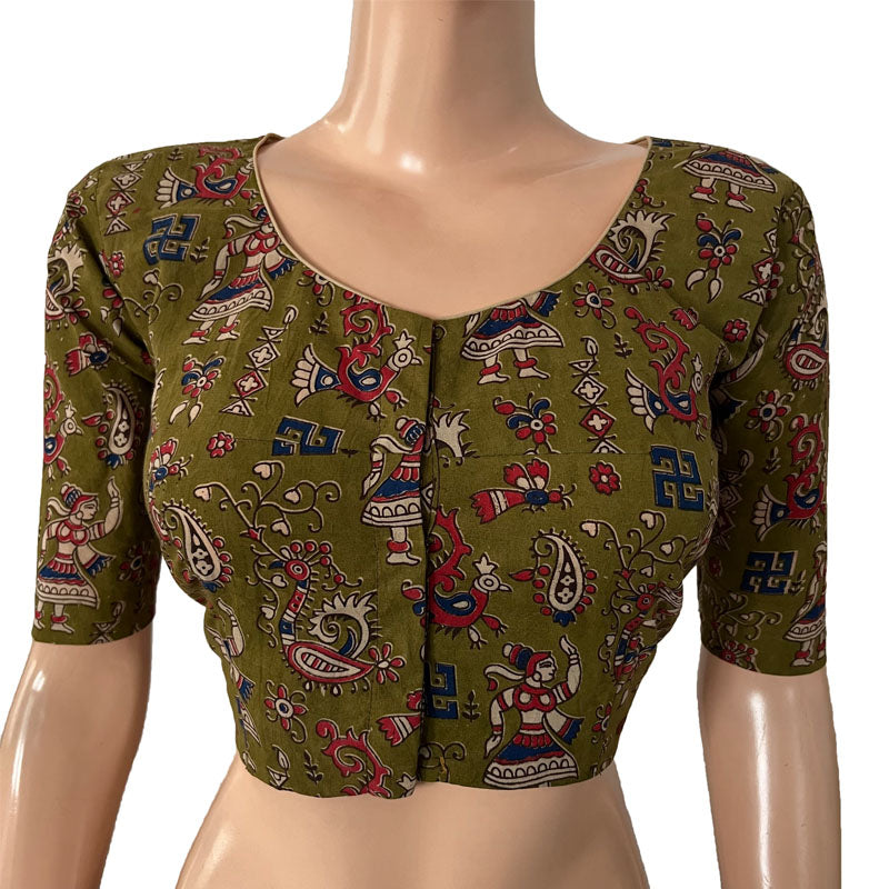 Kalamkari  Cotton  Round neck Blouse,  Olive Green,  BK1260