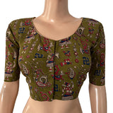 Kalamkari  Cotton  Round neck Blouse,  Olive Green,  BK1260