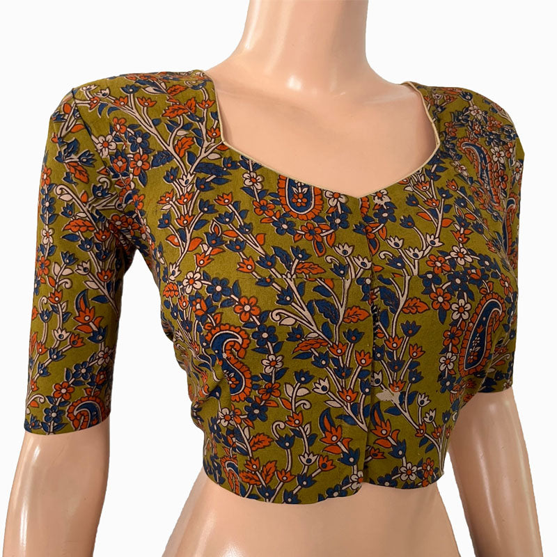 Kalamkari Cotton Pot neck Blouse, Olive Green, BK1263 – Scarlet Thread