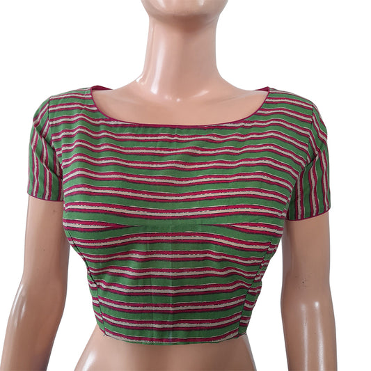 Striped Boatneck  Blouse with Short Sleeves, Backopen,  Green - Pink,  BP1159