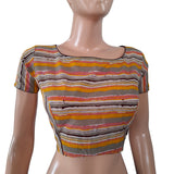 Striped Printed Cotton Boat neck Blouse with Short Sleeves,  Multicolor,  BP1165