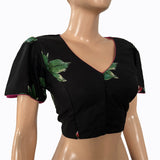 Floral Digital  Printed Cotton V neck Blouse with Ruffle Sleeves & Lining,  Black,  BP1177