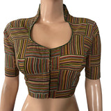 Block Printed Cotton  Striped Highneck Blouse,  Olive Green,  BP1181