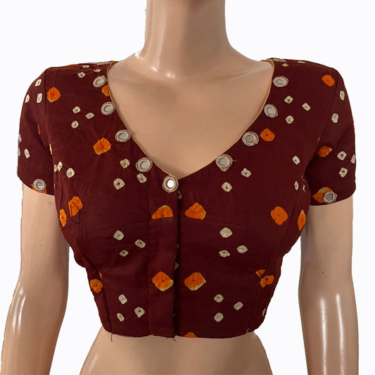 Bandhani  Cotton  V neck Blouse with Short Sleeves & Mirror Work Details,  Brown,  BP1189