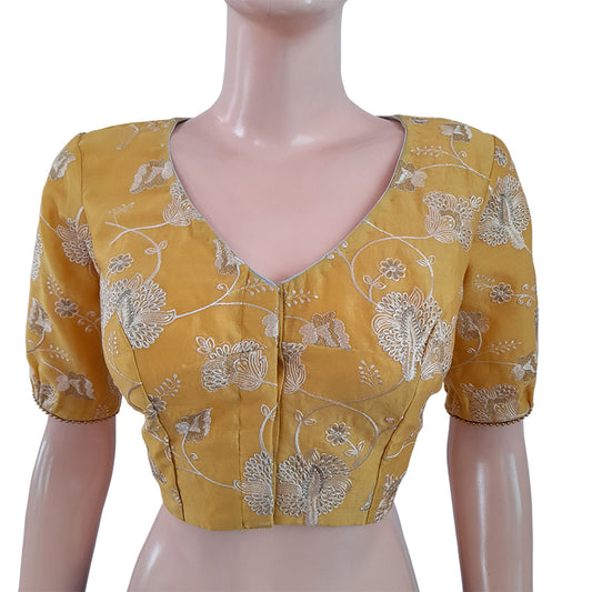 Embroidered Chanderi Silk V neck Blouse with Gathered Sleeves & Bead Details, Yellow, BS1102