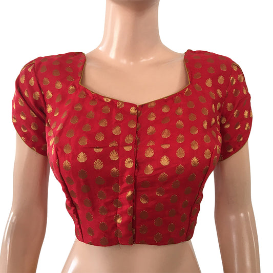 Satin Silk Pot neck Blouse with Tulip cut, Golden Butta & Lining, Red, BS1109