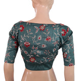 Embroidered Raw Silk Y neck Blouse with Front Zip Opening & Lining, Teal Green, BS1115