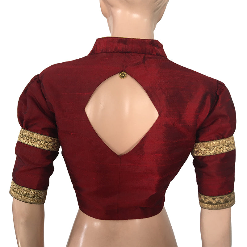 Pure Raw Silk  Highneck Blouse  with Puff Sleeves, Zari Lace  & Metail Details,  Maroon,  BS1139