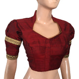 Pure Raw Silk  Highneck Blouse  with Puff Sleeves, Zari Lace  & Metail Details,  Maroon,  BS1139