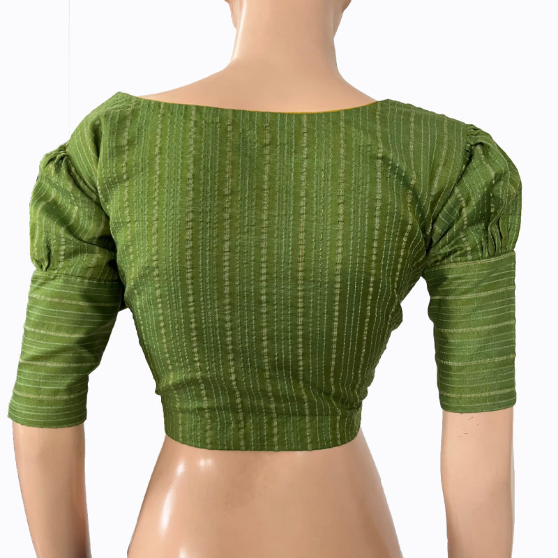 Bhagalpuri Silk Roundneck Blouse with  Puff Sleeves & Zari Stripes,   Green,  BS1154