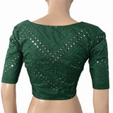 Mirror Work Embroidered Art Silk Blouse with V neck & Lining, Bottle Green, BS1163