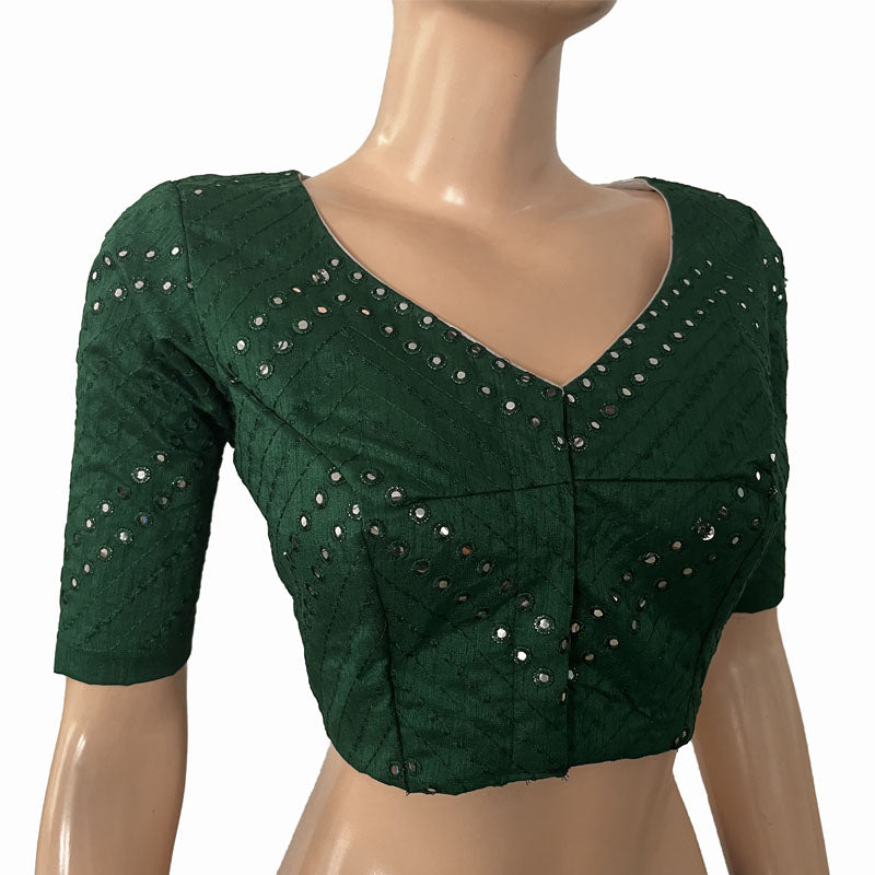 Mirror Work Embroidered Art Silk Blouse with V neck & Lining, Bottle Green, BS1163