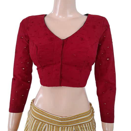 Hakoba Cutwork Cotton V neck Blouse with Lining, Maroon,  BW1124