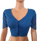 Hakoba Cutwork Cotton V neck Blouse, Iris blue,  BW1127