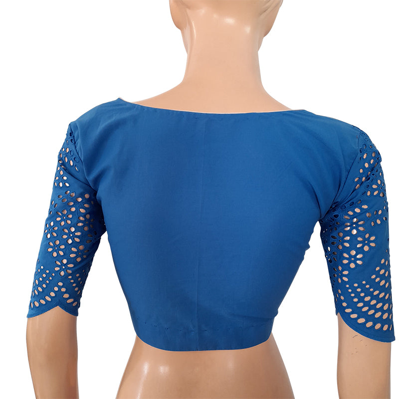 Hakoba Cutwork Cotton V neck Blouse, Iris blue,  BW1127