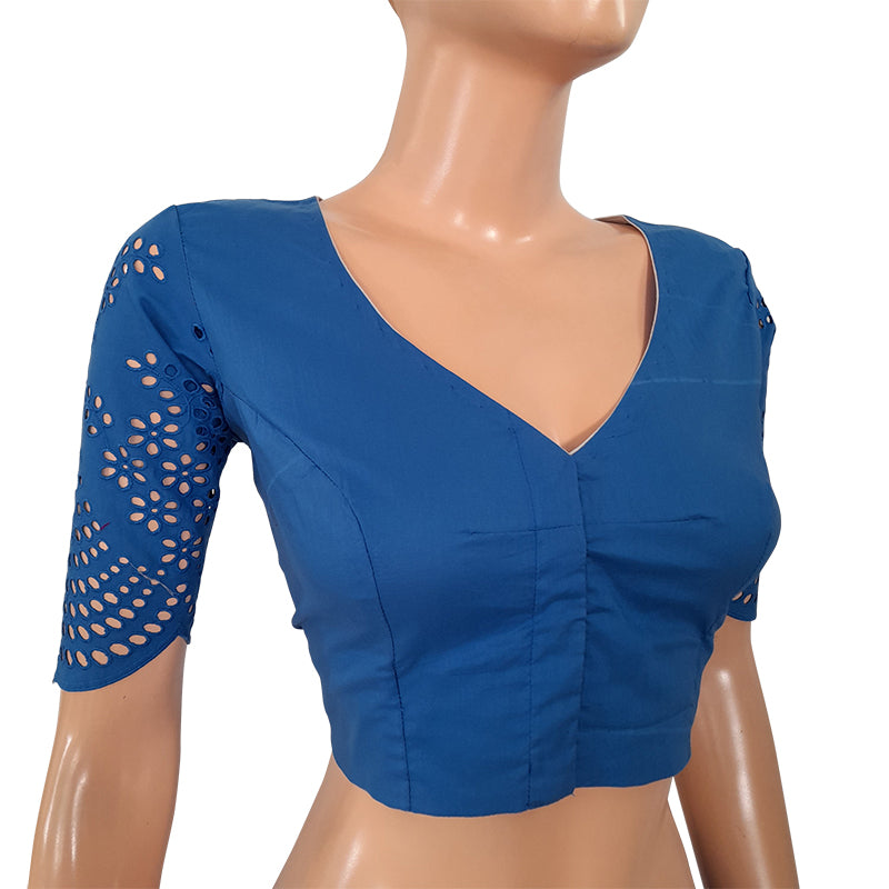 Hakoba Cutwork Cotton V neck Blouse, Iris blue,  BW1127