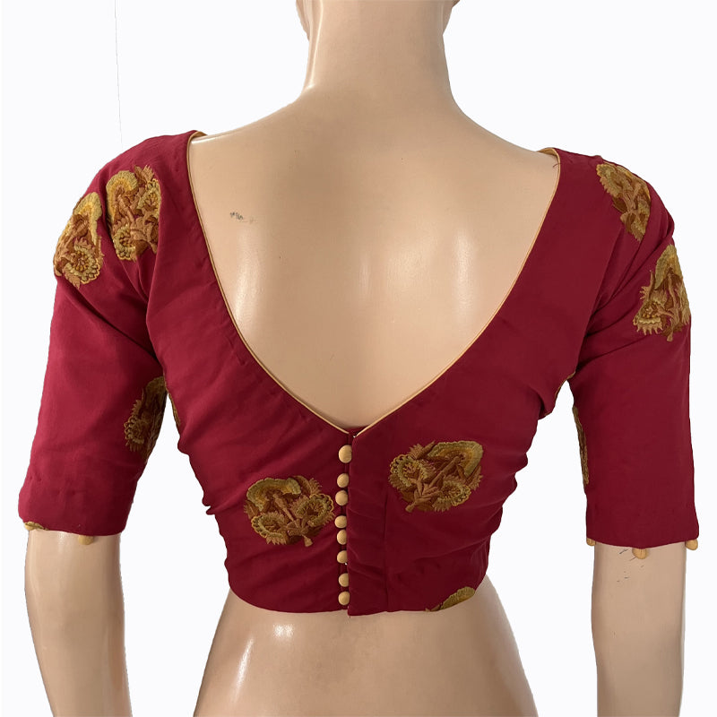 Backopen Embroidered  2 x 2  Cotton Boatneck Blouse with Potli Button Details & Lining,  Maroon, BW1133