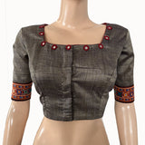 Khadi Cotton Squareneck Blouse with Woven Thread Lace Border, Mirror Work Details & Lining,  Bluish Grey, BW1138